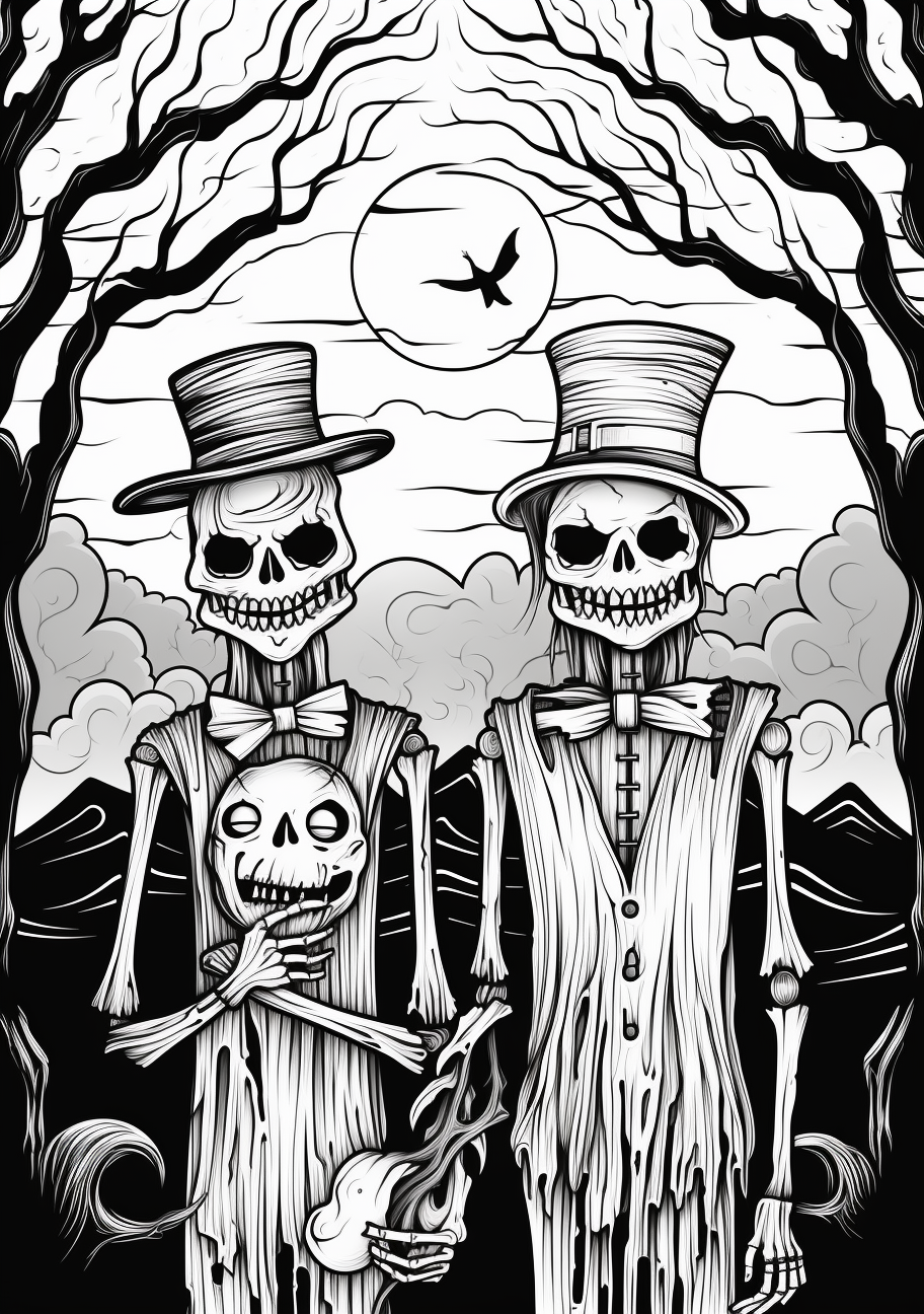 Ghostly Halloween nightfall with pumpkins, owls, and haunted house; simple lines and bold shapes.printable coloring page, black and white, free download