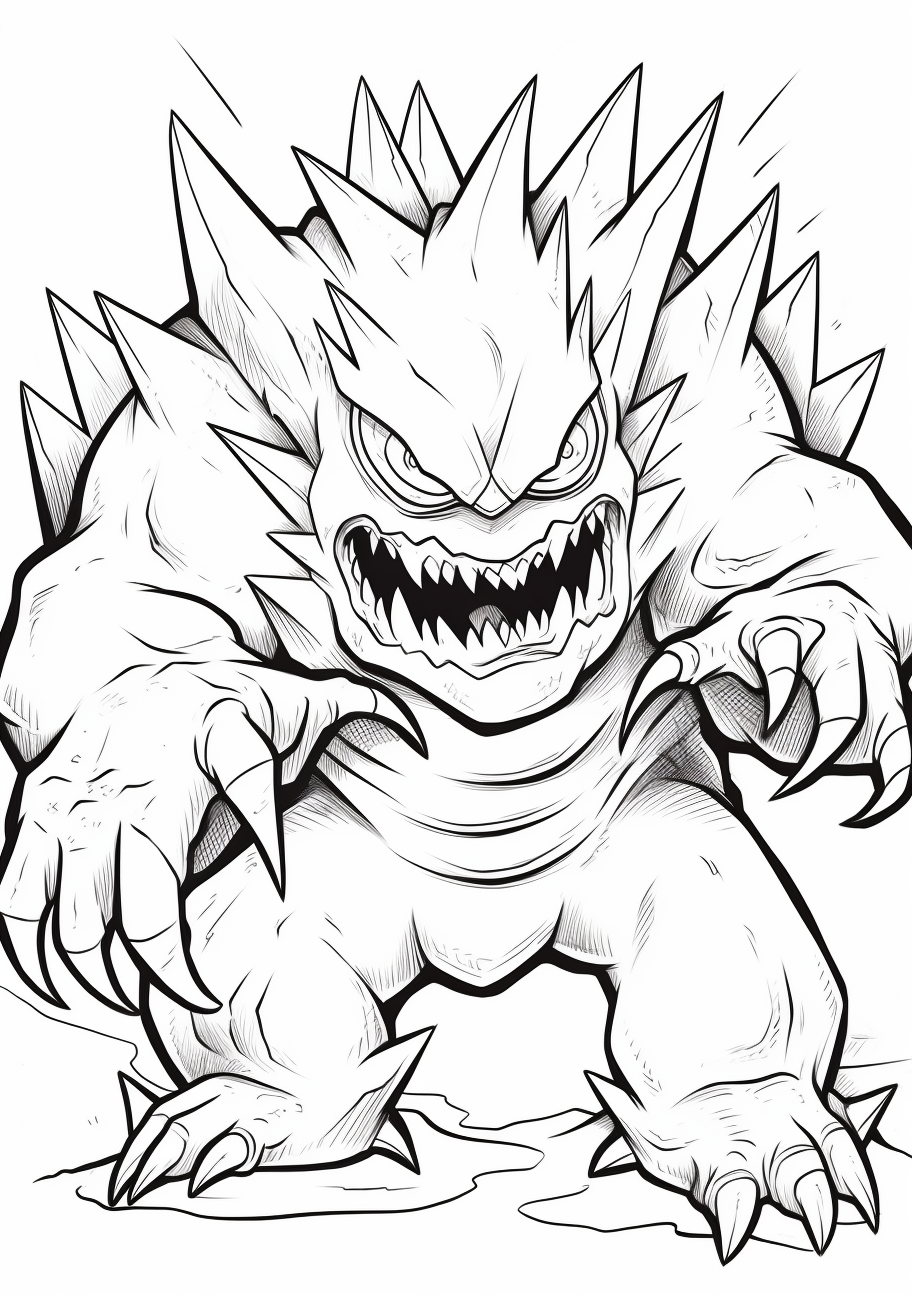 Detailed sketch of Mega Gengar showing menacing spikes and talon-like fingers. printable coloring page, black and white, free download
