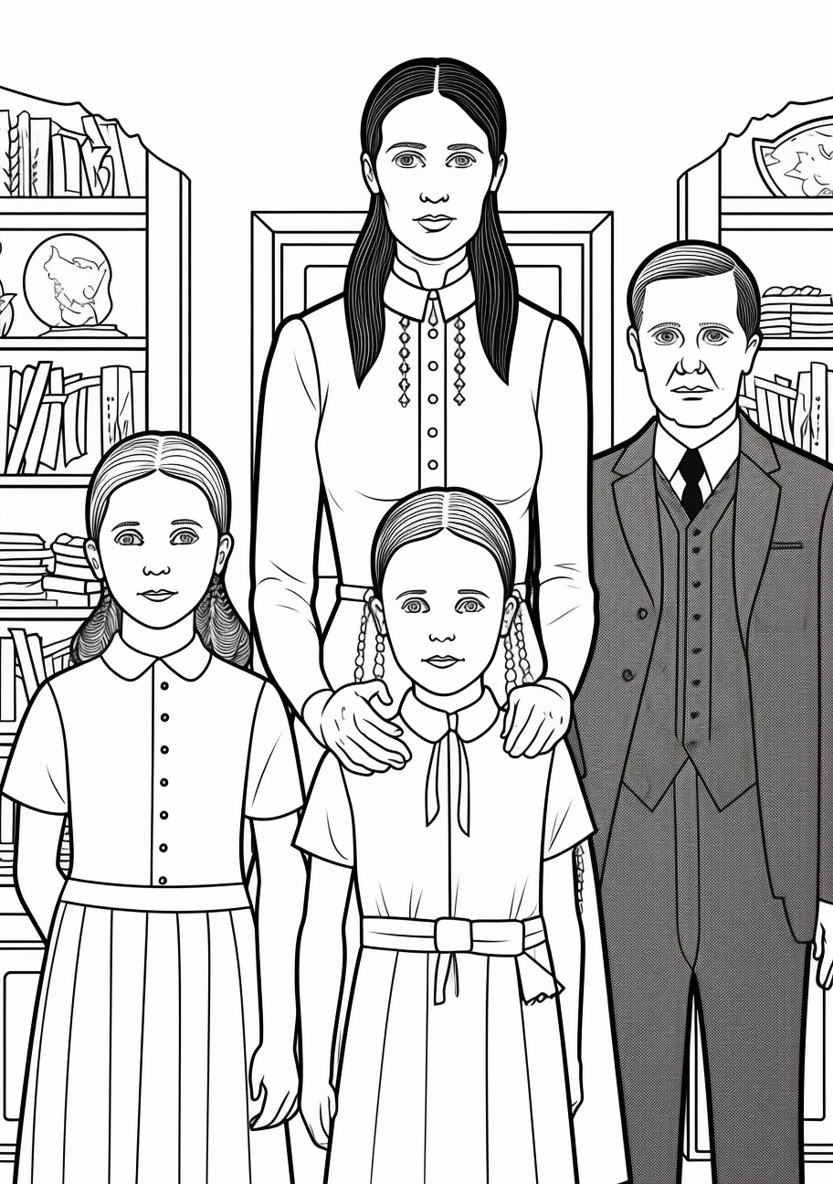 The Addams family portrait with Wednesday at the center; fine detailing capturing character features. printable coloring page, black and white, free download