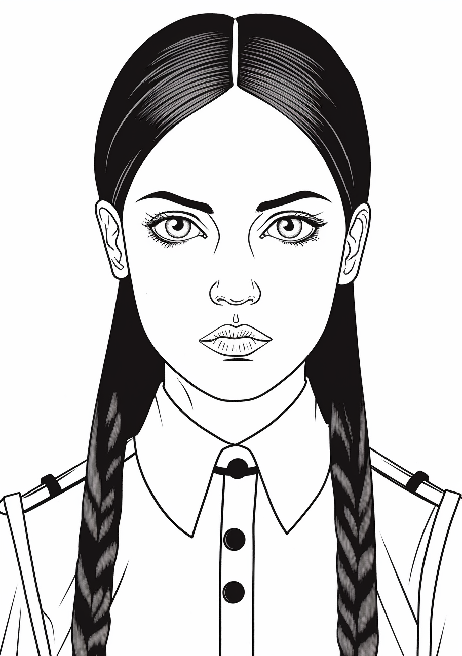 Wednesday Addams with a ponytail; detailed face and simple attire. printable coloring page, black and white, free download
