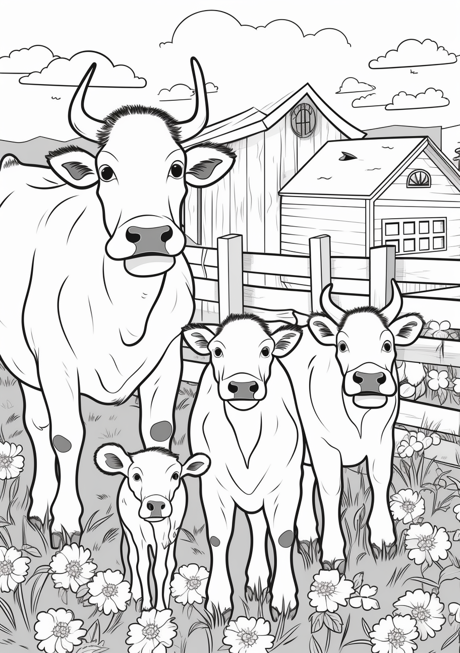 Cows along with other farm animals like ducks and hens; level of detail is moderate with clear shapes.printable coloring page, black and white, free download
