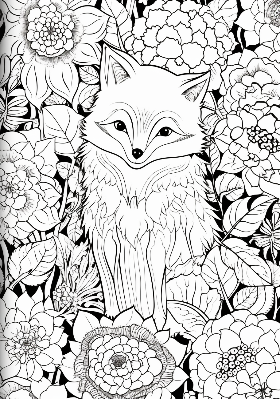 Back depiction of a fox, facing a cascading floral backdrop; complex floral prints and detailed animal outlines.printable coloring page, black and white, free download