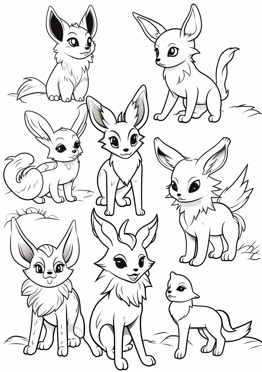Transformation scene of Eevee into its evolutions; bold outlines and moderate details. printable coloring page, black and white, free download