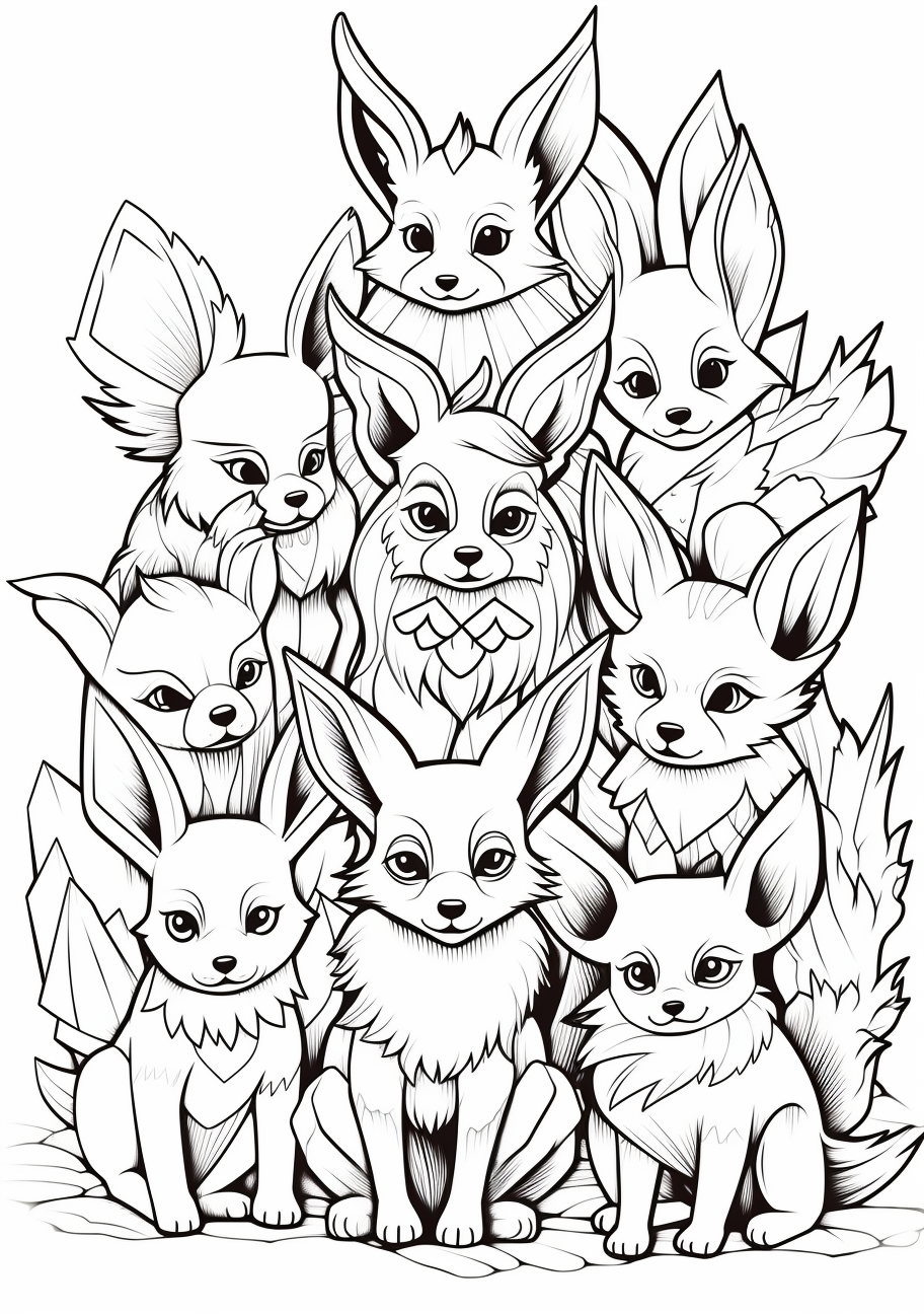 Various Eevee evolutions together in a portrait style; clean lines and moderate details. printable coloring page, black and white, free download