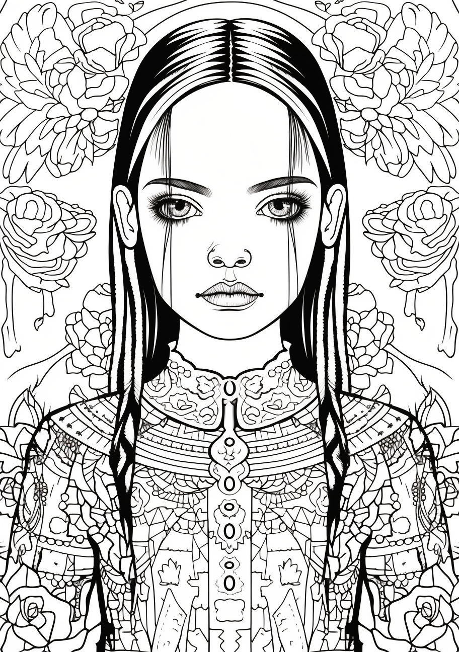 Detailed image of Wednesday Addams with an interesting pattern backdrop. printable coloring page, black and white, free download