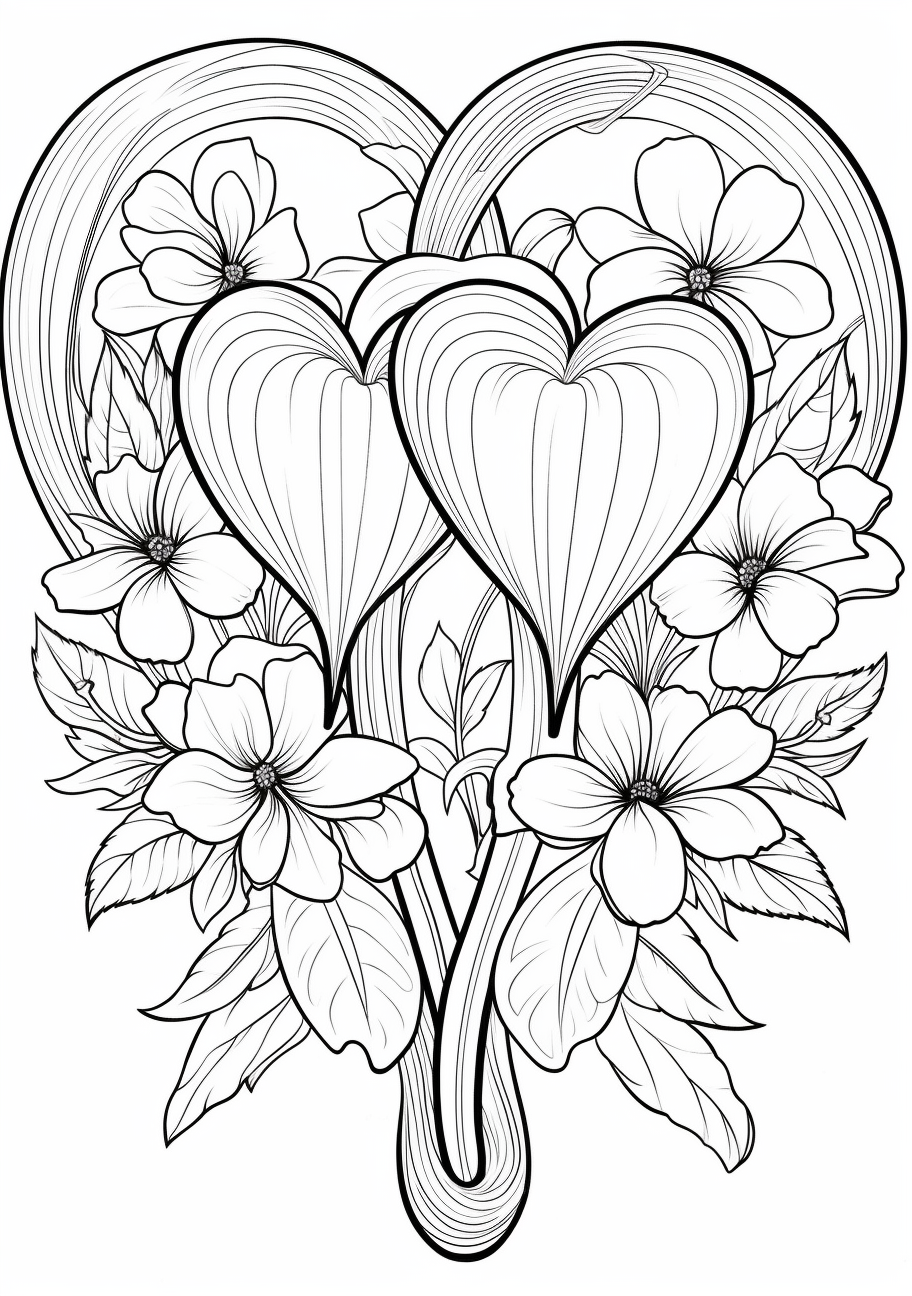 Hearts incorporating floral designs; intricate details and patterns.printable coloring page, black and white, free download