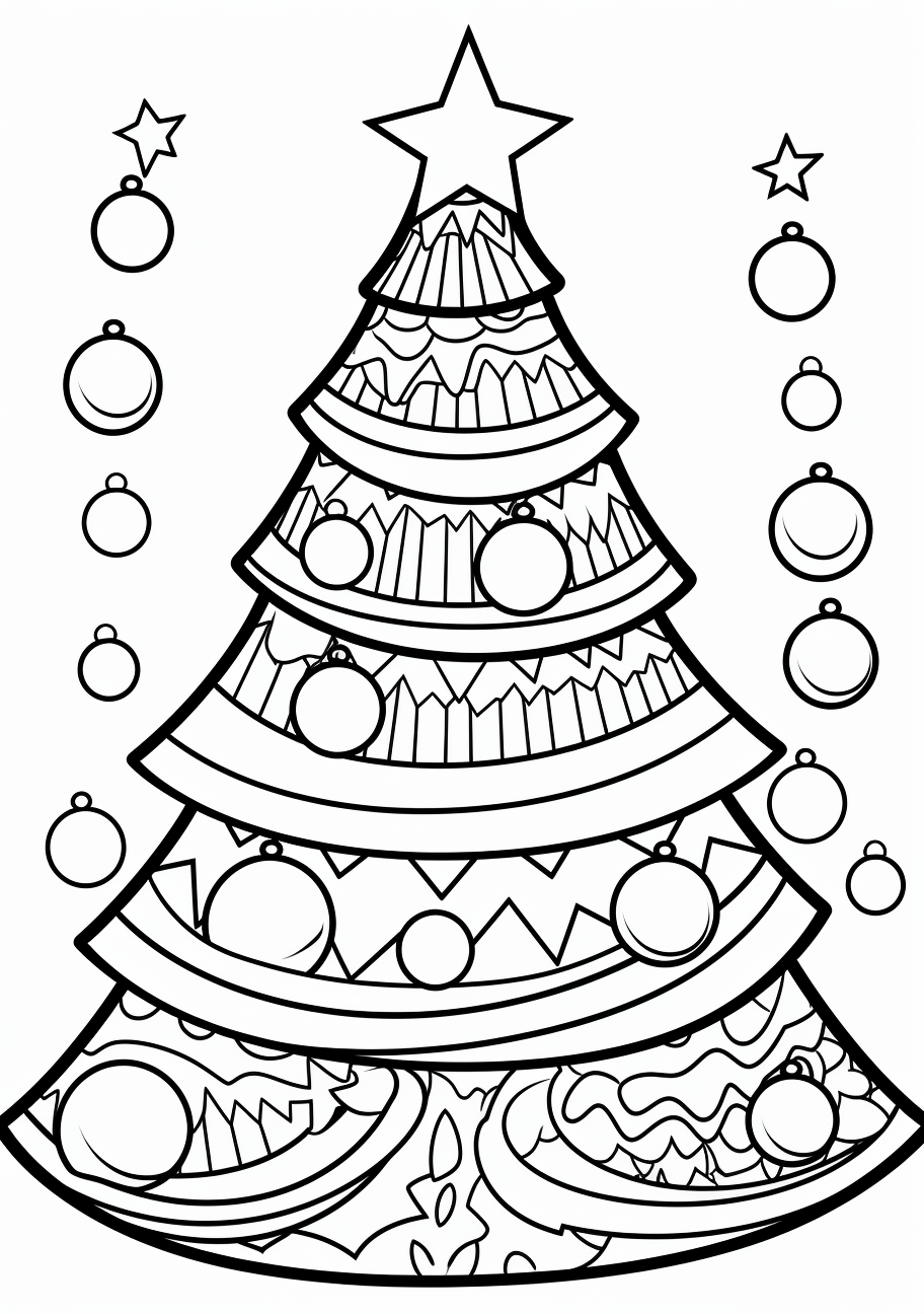 Festive tree with bell ornaments; drawn in bold lines with moderate details. printable coloring page, black and white, free download