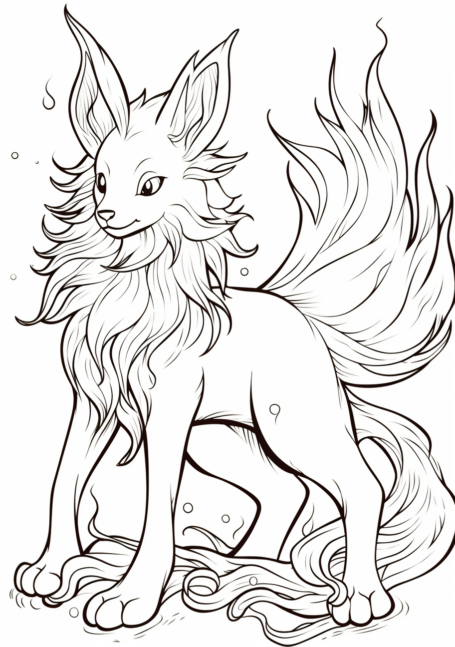 Eevee's Fire evolution, Flareon; remarkable fire-themed patterns. printable coloring page, black and white, free download