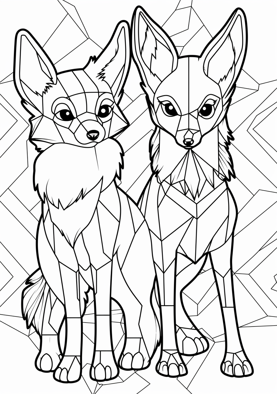 Eevee and Pikachu standing back to back; simple lines and geometric shapes. printable coloring page, black and white, free download