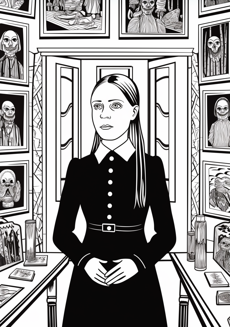 Wednesday Addams among chaos of ancestor frames; detailed line work in antique frame designs. printable coloring page, black and white, free download