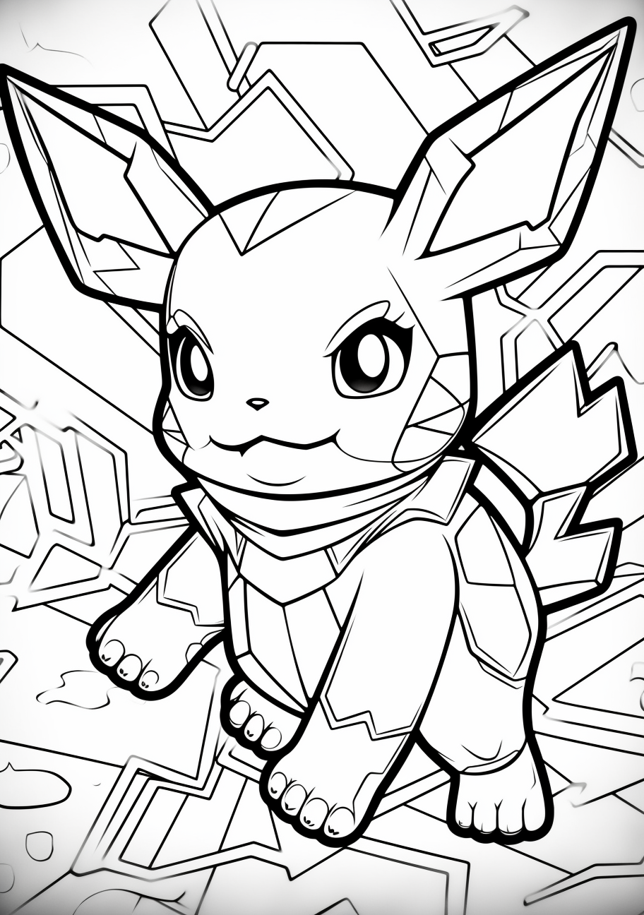 Pikachu in dynamic pose as if in action; light outlines and movement cues. printable coloring page, black and white, free download