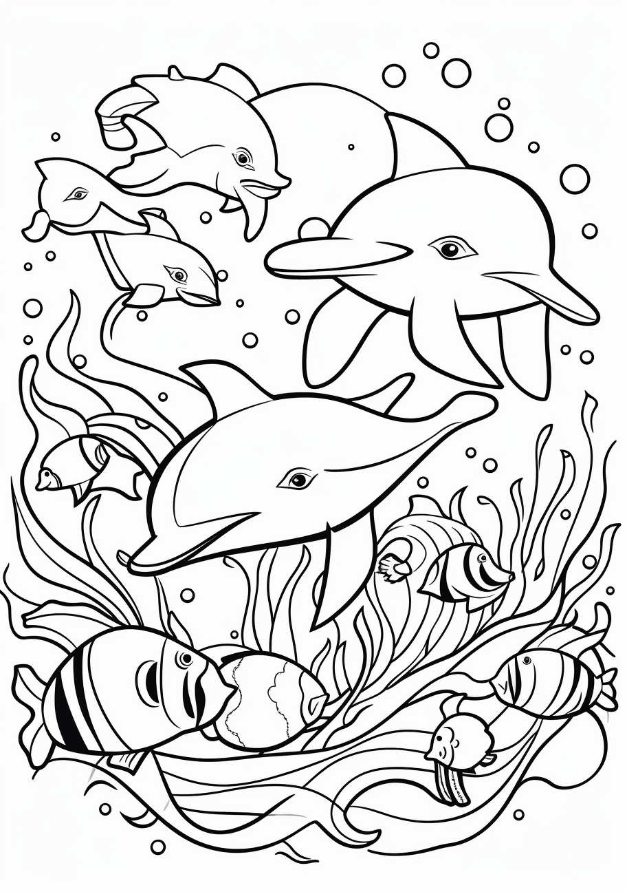 Marine animals like crabs and dolphins playfully carrying heart-shaped bubbles; simple, bold shapes.printable coloring page, black and white, free download