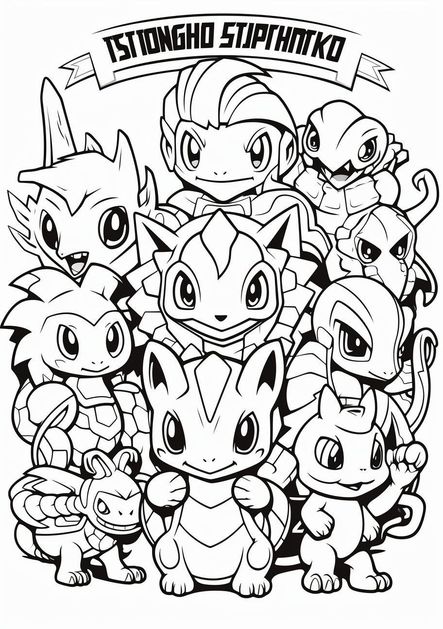 The first Generation Pokemon with minimalist, clear lines and shapes. printable coloring page, black and white, free download