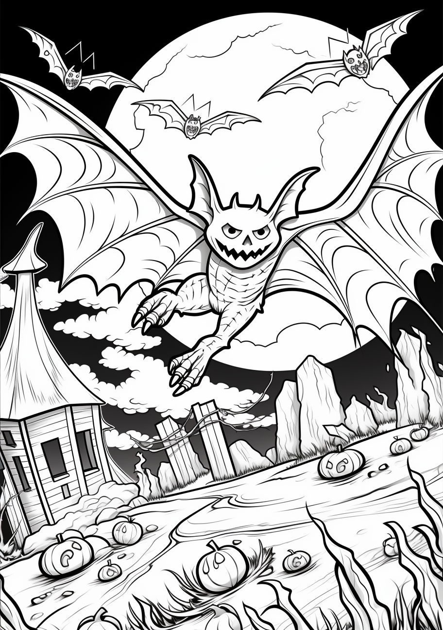 A bat in flight against a night sky and crescent moon, drawn in a Halloween style; elaborate patterns and detailing. phone art wallpaper