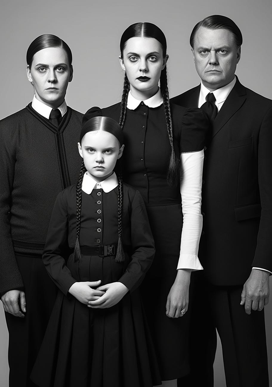 Detailed portrayal of The Addams Family with a focus on Wednesday. printable coloring page, black and white, free download