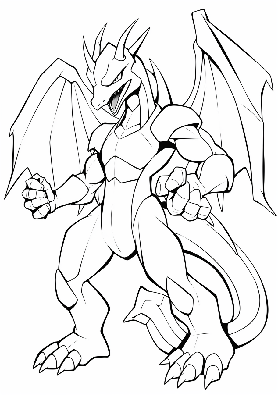 Charizard depicted in mid-air; simple and straightforward lines. printable coloring page, black and white, free download