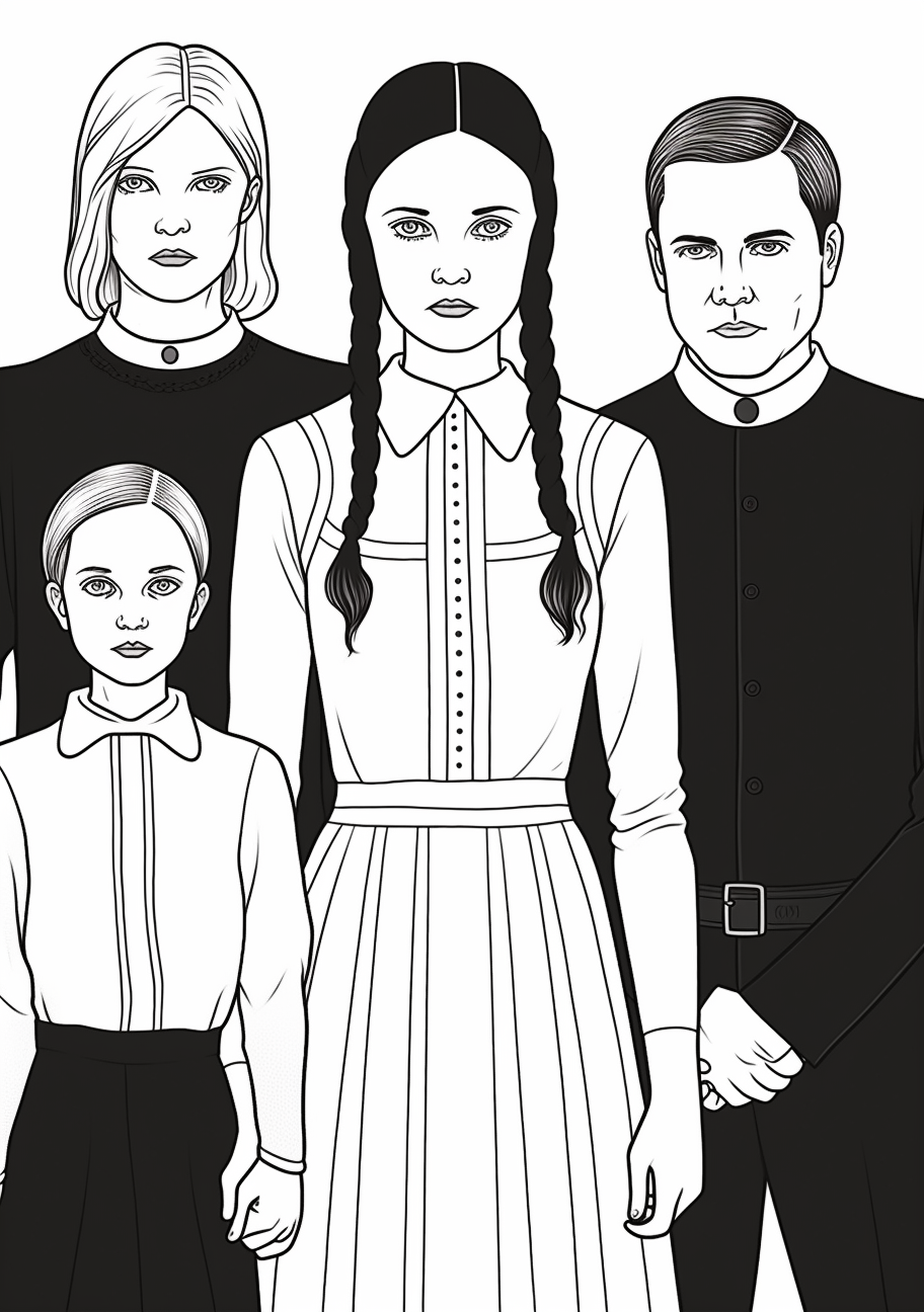 Wednesday Addams along with her family; bold outlines. printable coloring page, black and white, free download