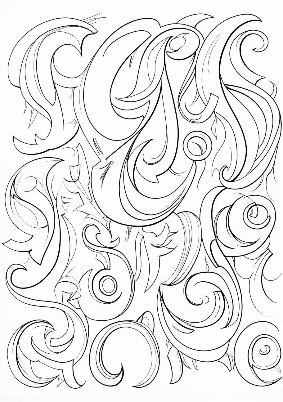 Cursive alphabet in a calligraphy style; featuring detailed curves and strokes.printable coloring page, black and white, free download