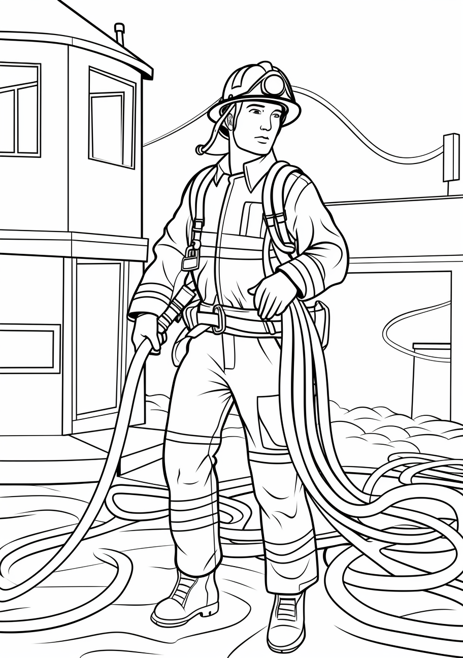 An image of a firefighter in uniform using a hose; bold outlines and simple forms.printable coloring page, black and white, free download