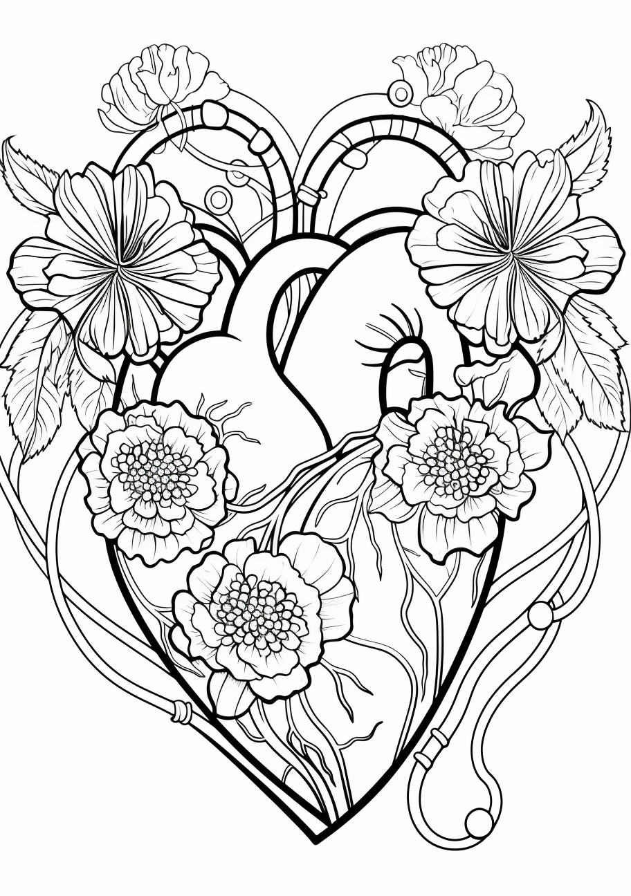 Heart shapes filled with blooming flowers; fine details and floral motifs.printable coloring page, black and white, free download