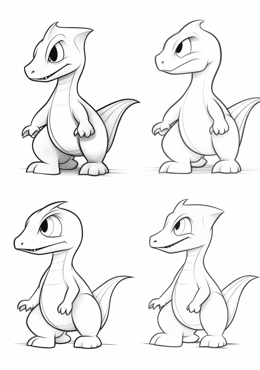 Charmander's evolution to Charmeleon and finally to Charizard; simple lines and moderate details. printable coloring page, black and white, free download