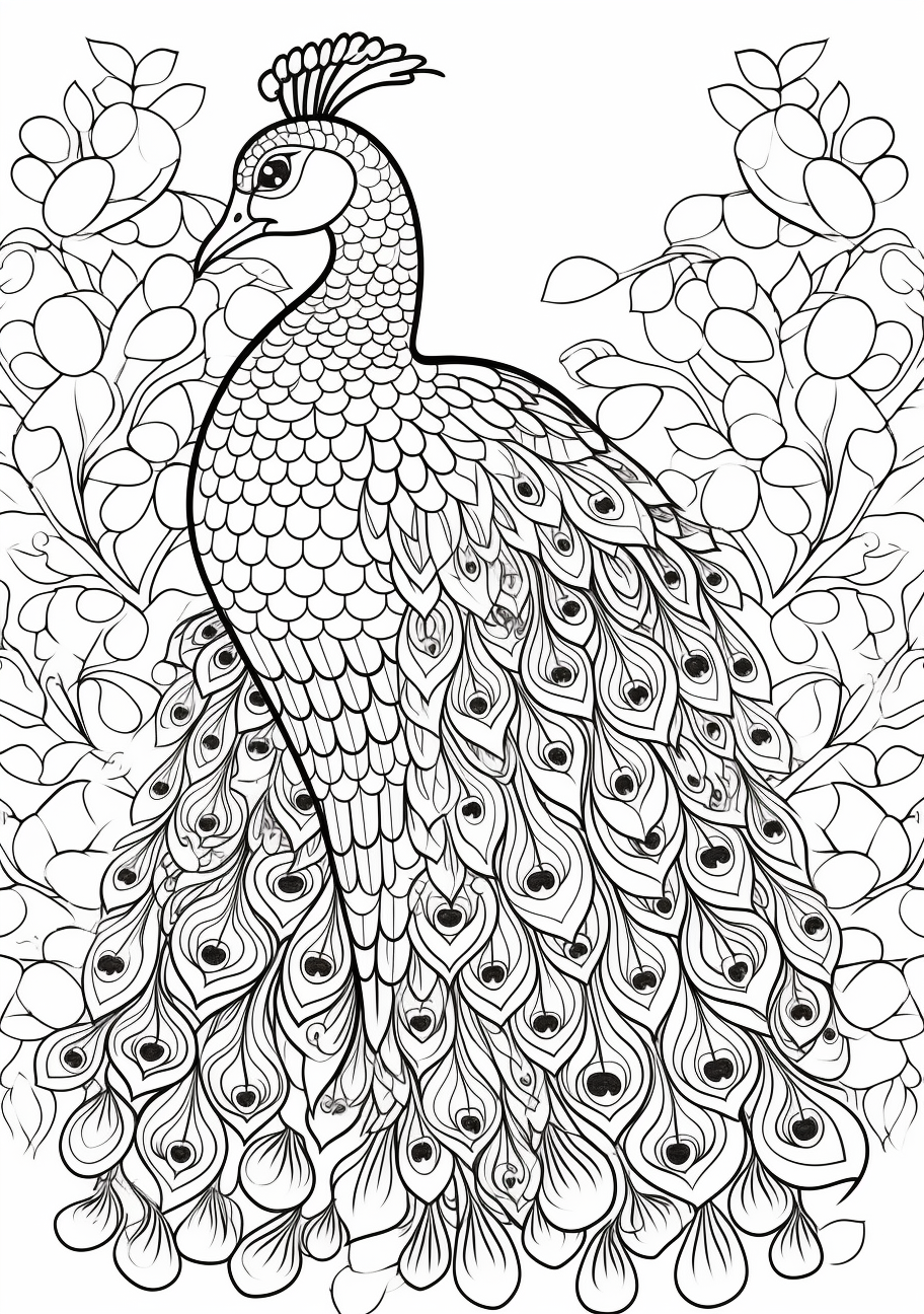 The image focuses on a peacock, wide feathers filled with detailed patterns.printable coloring page, black and white, free download