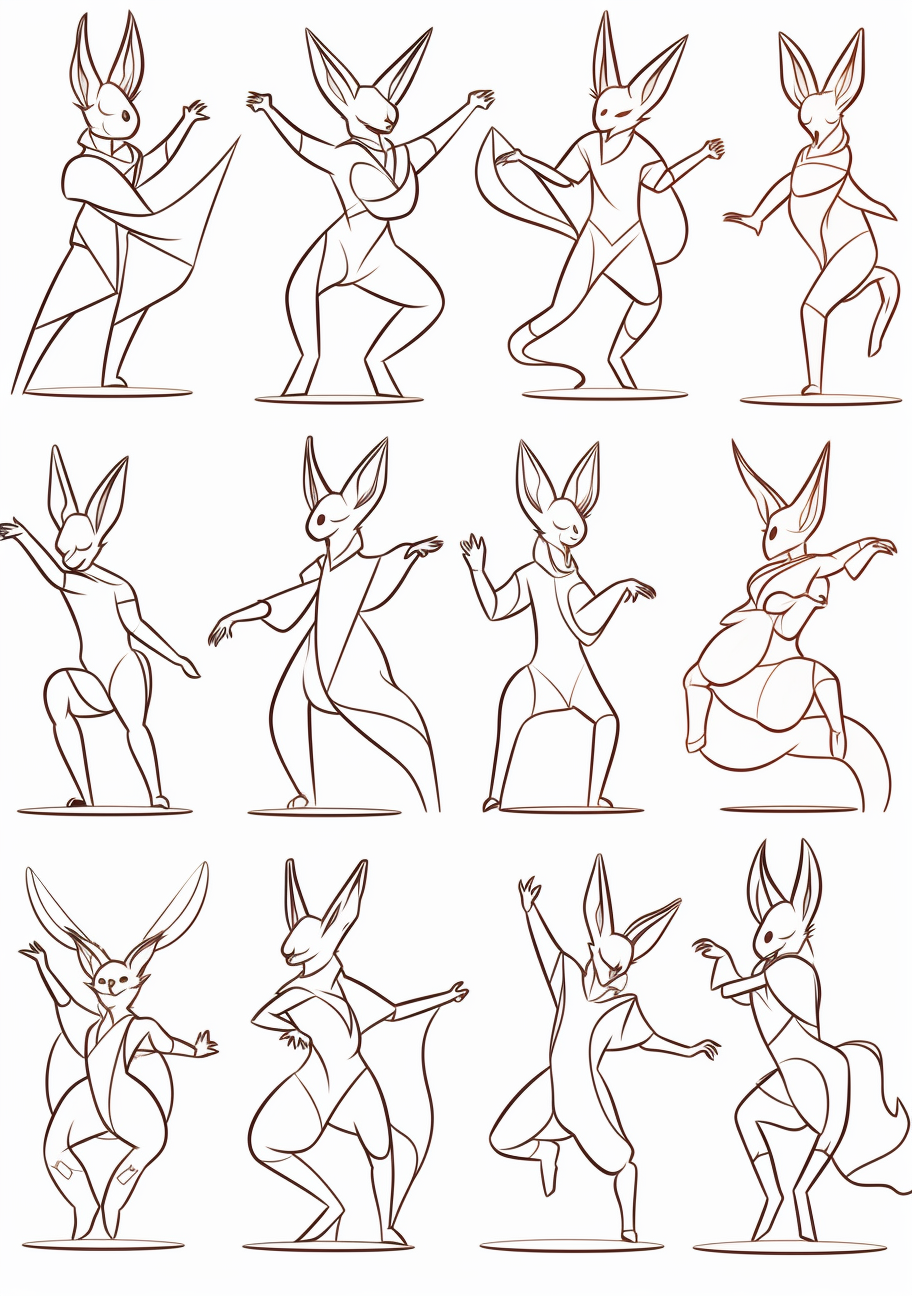 Various Eevee evolutions depicted in dynamic, dancing positions; simple outlines. printable coloring page, black and white, free download