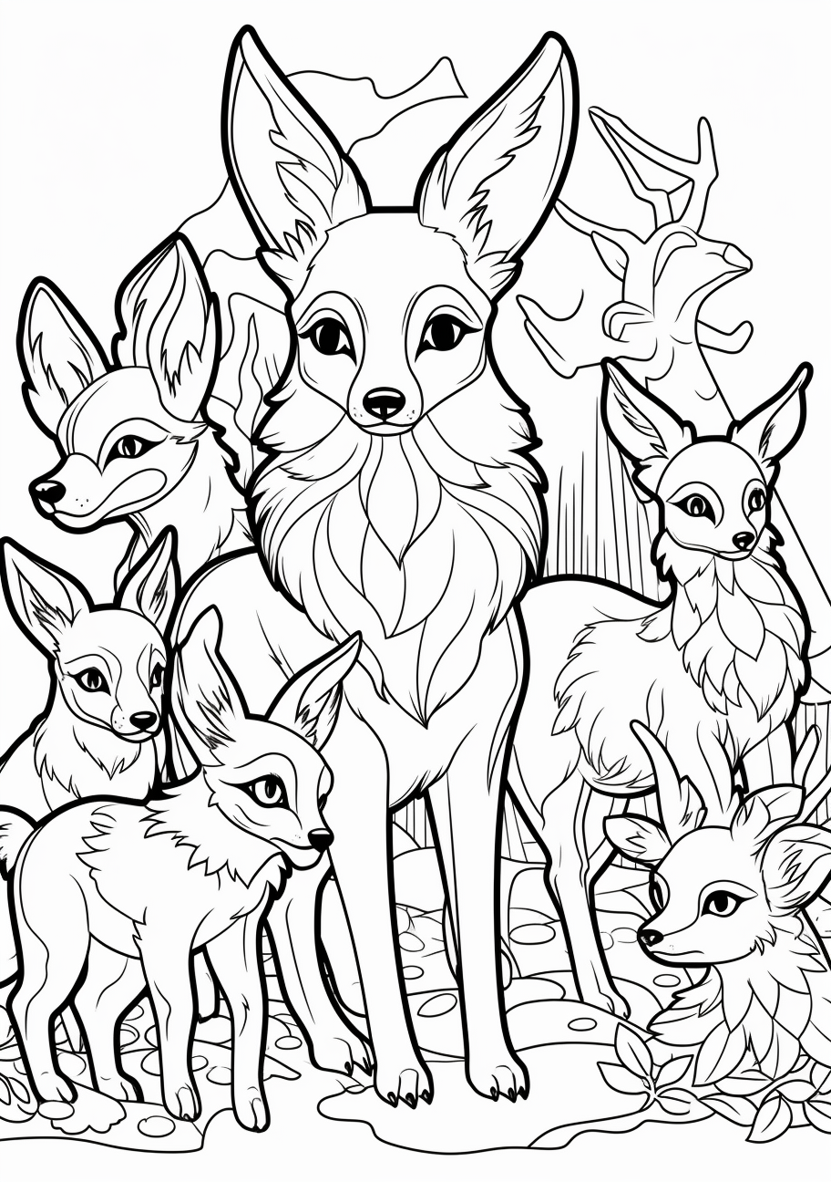 Graphic depiction of Eevee in its unique transformational states; intricate details. printable coloring page, black and white, free download