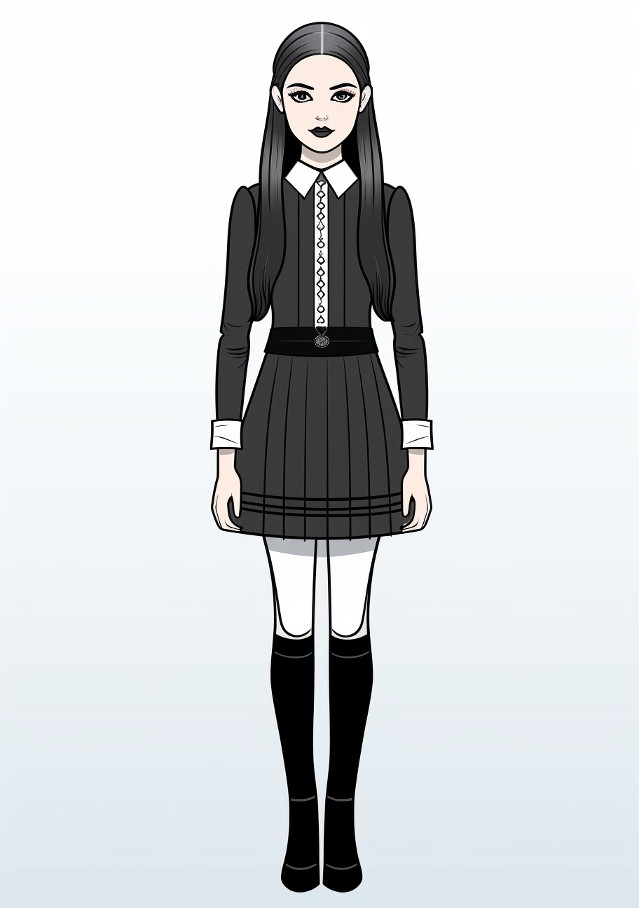 Classic portrayal of Wednesday Addams in her signature look; bold outlines with minimal shades. printable coloring page, black and white, free download
