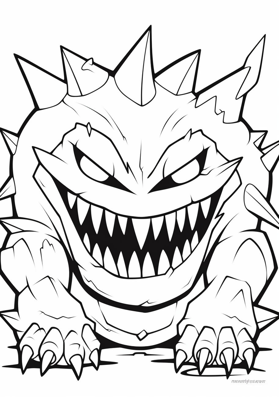 Depiction of Mega Gengar, a Pokémon with a fearsome stance and intricate detailing. printable coloring page, black and white, free download