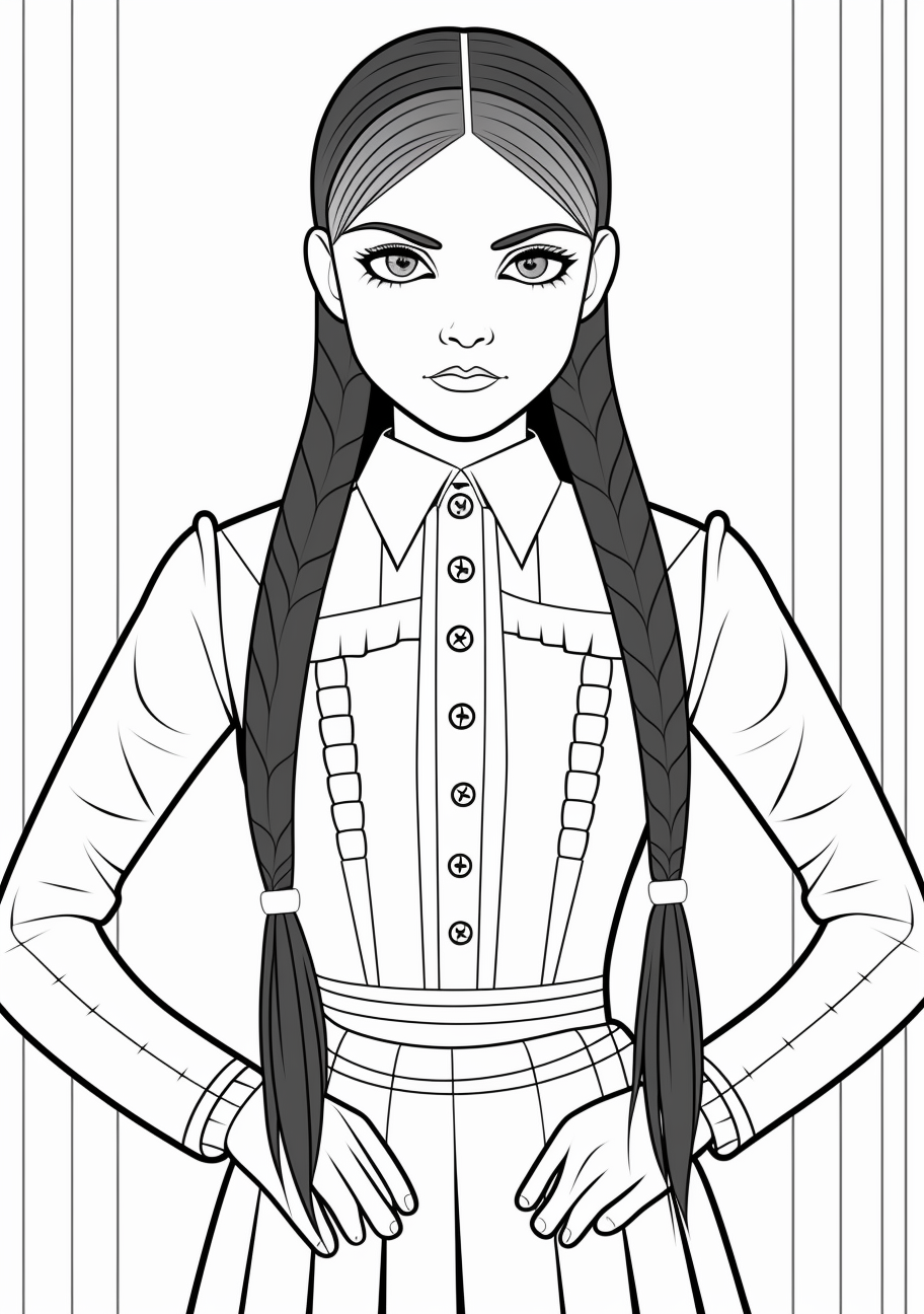 Wednesday with a demure and mysterious facial expression; moderately detailed attire and hairstyle. printable coloring page, black and white, free download