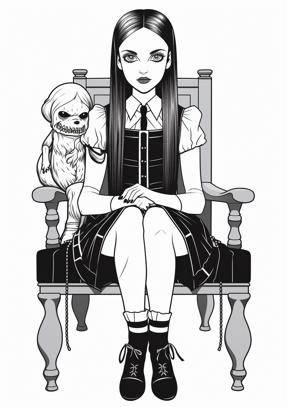 Sitting vintage Wednesday Addams holding her doll; the image includes Gothic motifs. printable coloring page, black and white, free download