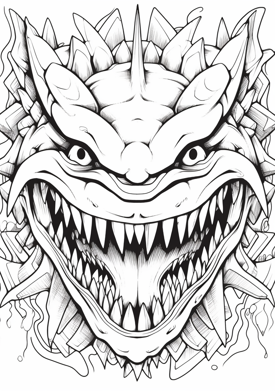 Lifelike portrait of Mega Gengar; complex patterns and detailed designs. printable coloring page, black and white, free download