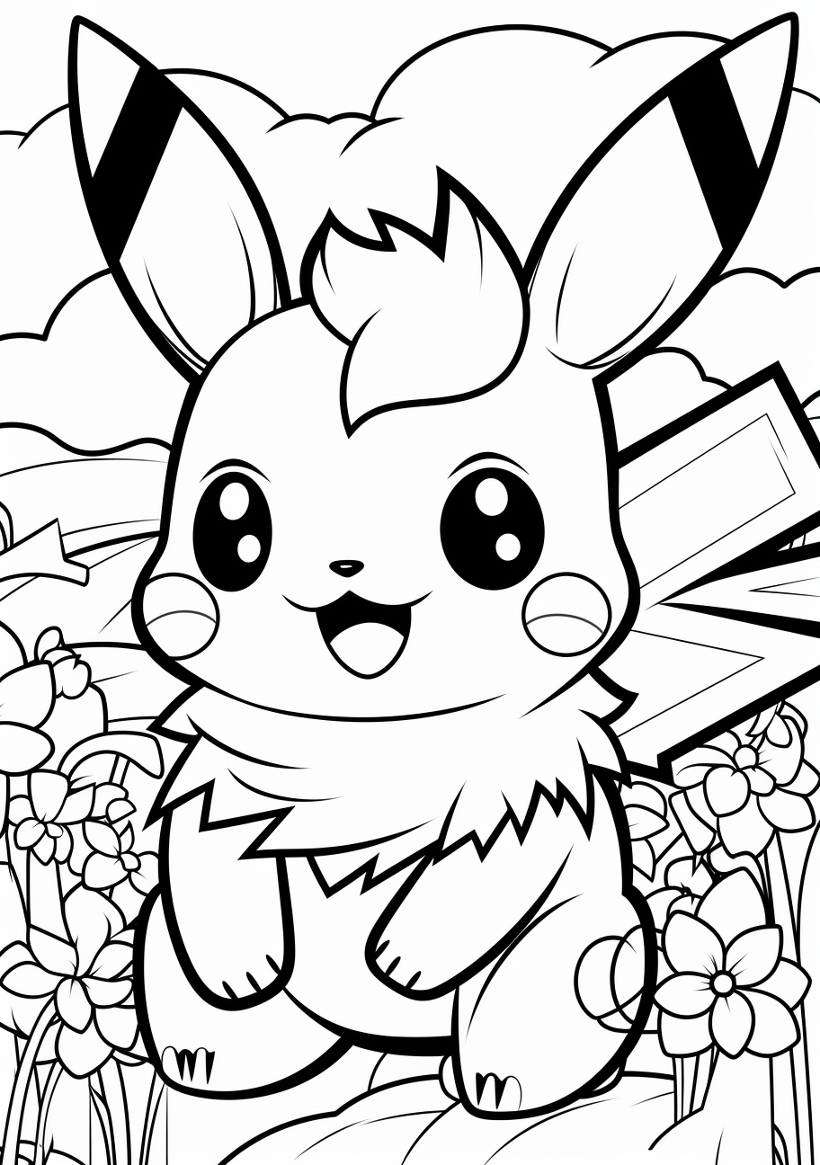 Pikachu exhibiting joyful behaviors; bold and cartoonish style. printable coloring page, black and white, free download
