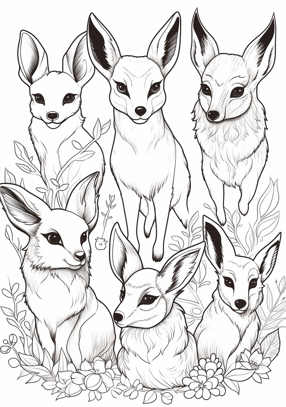 Stylish illustration of Eevee Evolutions; combination of abstract and artistic elements with detailed rendering. printable coloring page, black and white, free download