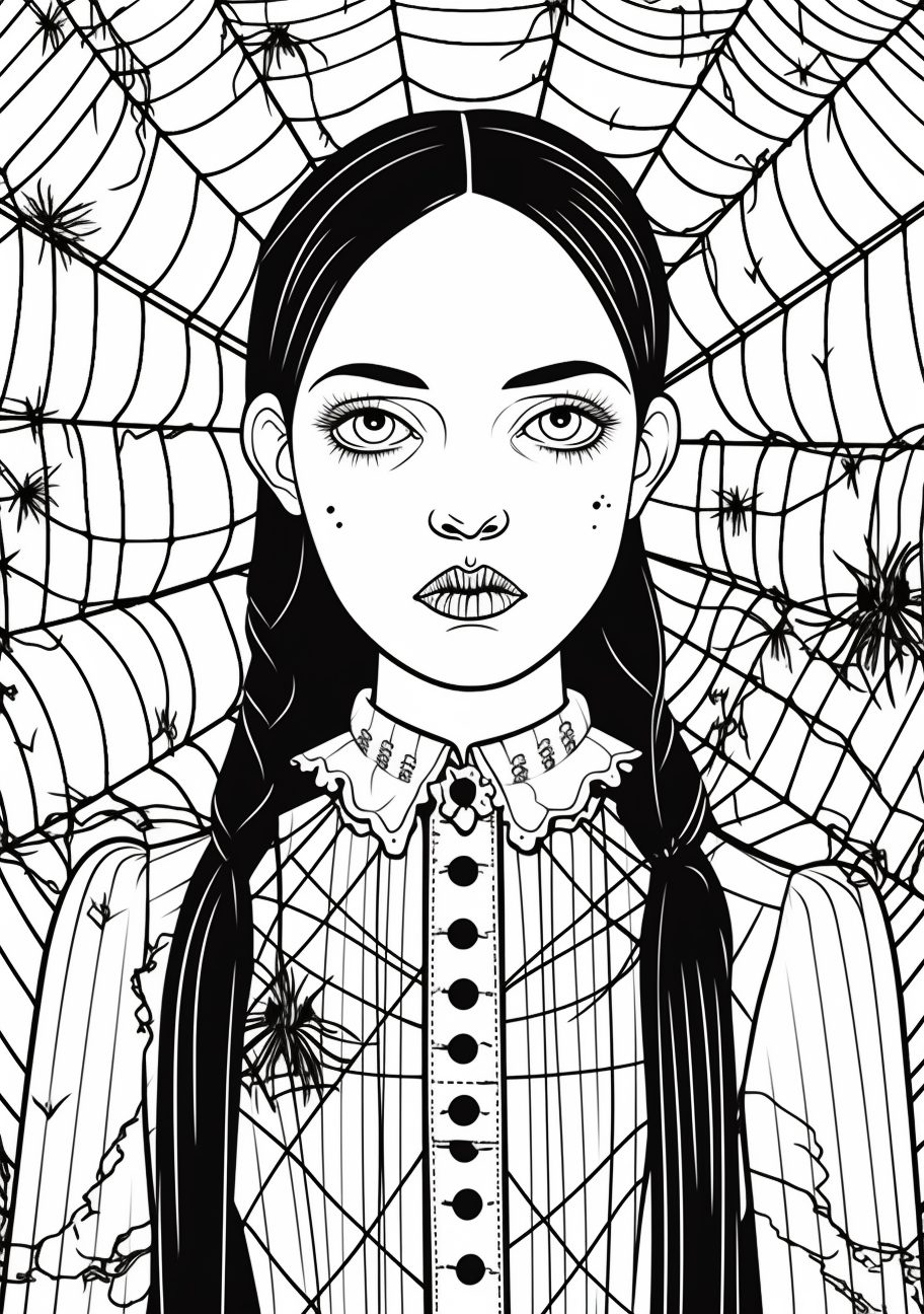 Wednesday Addams with a spiderweb background; focus on sharp lines and intricate background details. printable coloring page, black and white, free download