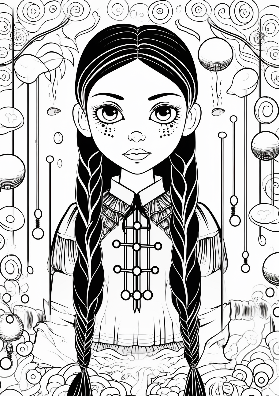 Close up of a bewitching Wednesday Addams; surrounded by magical elements and detailed patterns. printable coloring page, black and white, free download