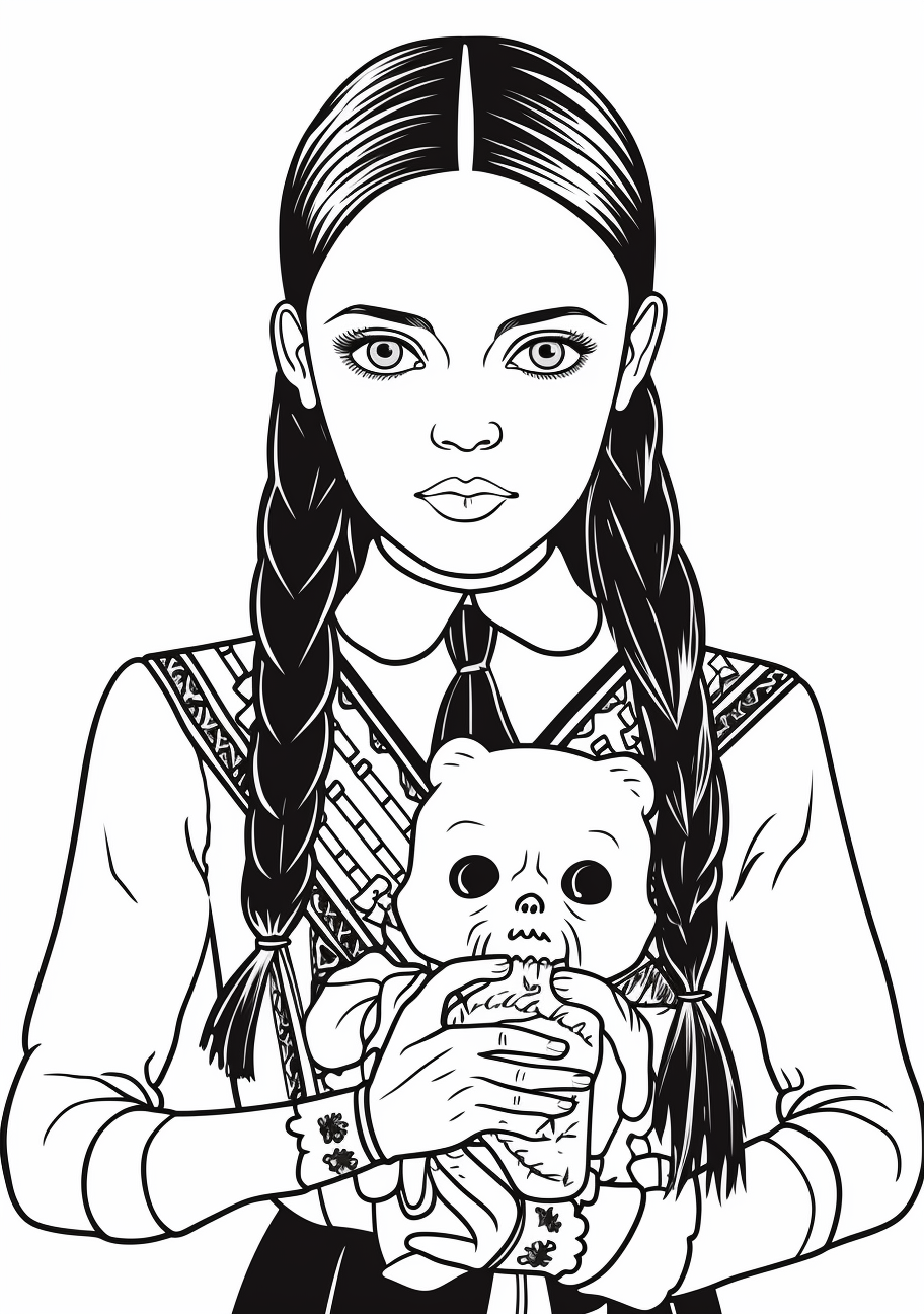 Portrait of Wednesday Addams with her doll; moderate details. printable coloring page, black and white, free download