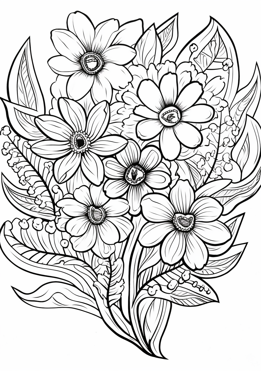 Floral patterns interwoven with heart designs; fine linework and botanical motifs.printable coloring page, black and white, free download