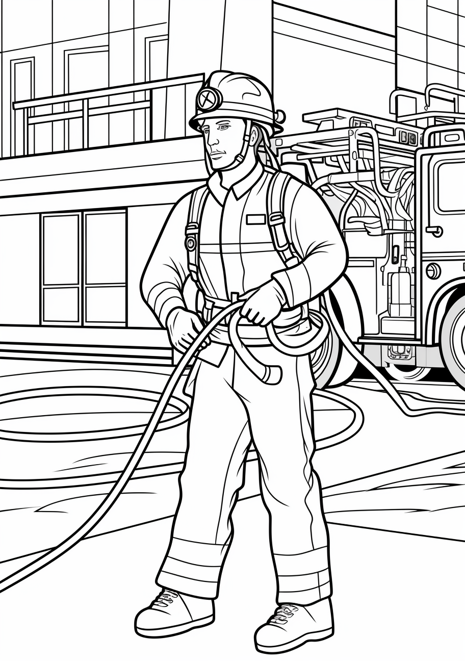A brave firefighter in the act of rescuing; dynamic lines and energetic shapes.printable coloring page, black and white, free download