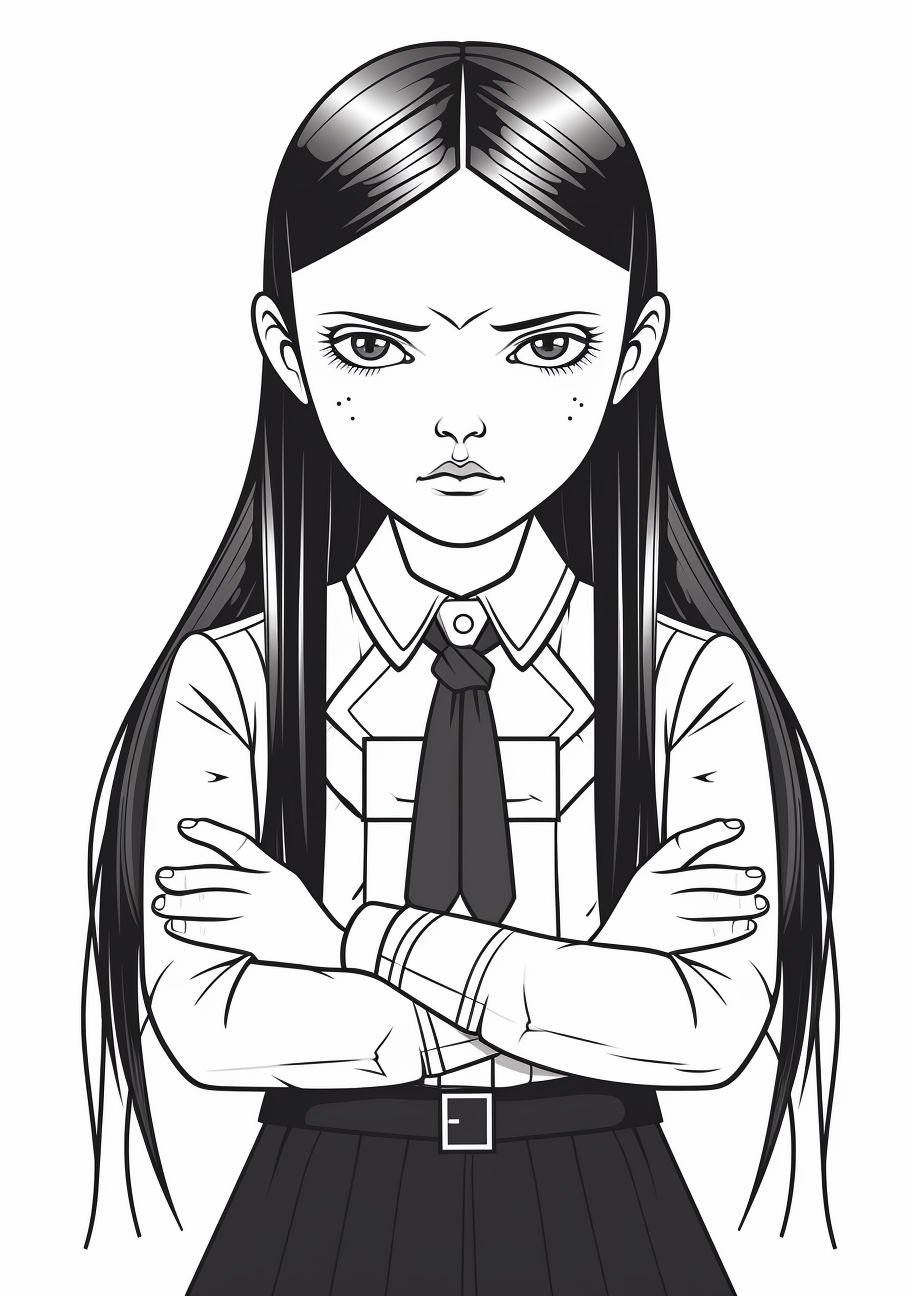 Wednesday Addams sitting down with her doll; moderate detail with emphasis on her attire and braids. printable coloring page, black and white, free download