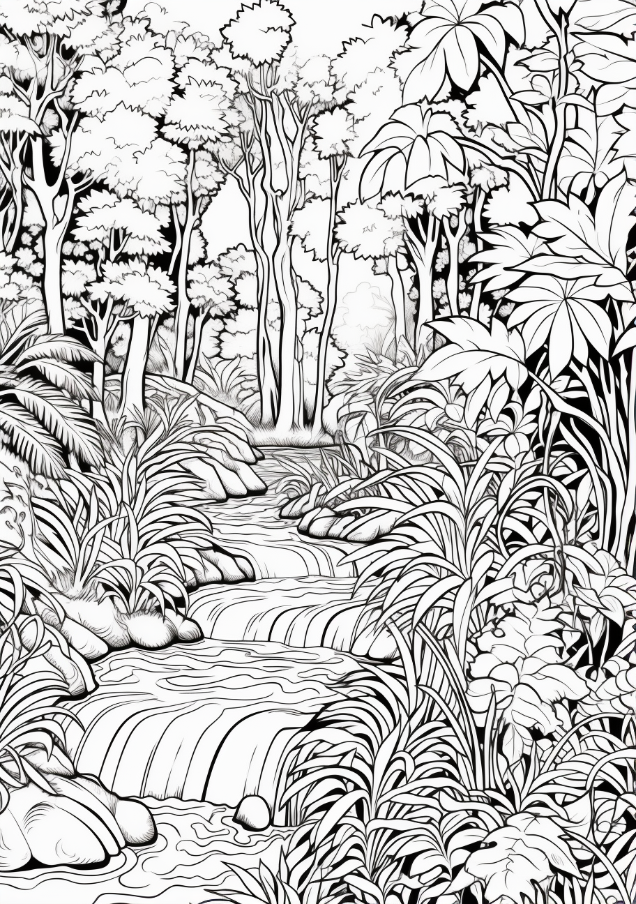 A diversity of flora and fauna typical to a rainforest environment; fine details lending to its intricate beauty. printable coloring page, black and white, free download