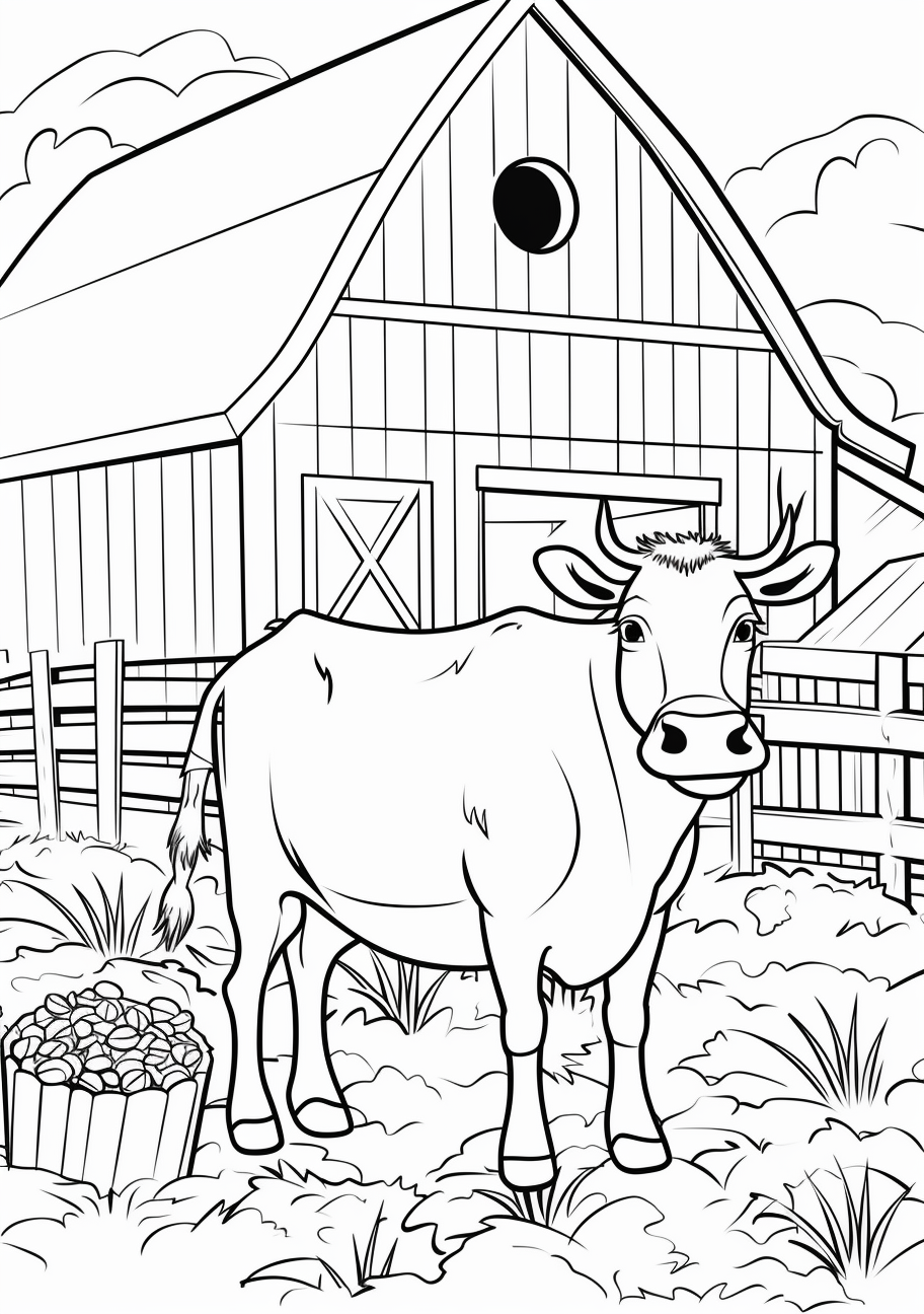 A smiling cow standing in a grassy pasture, with a simple fence in the background.printable coloring page, black and white, free download