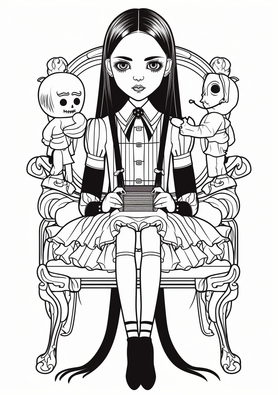 Sketch of Wednesday Addams alone; features her petite figure in the classic dress and tall socks. printable coloring page, black and white, free download
