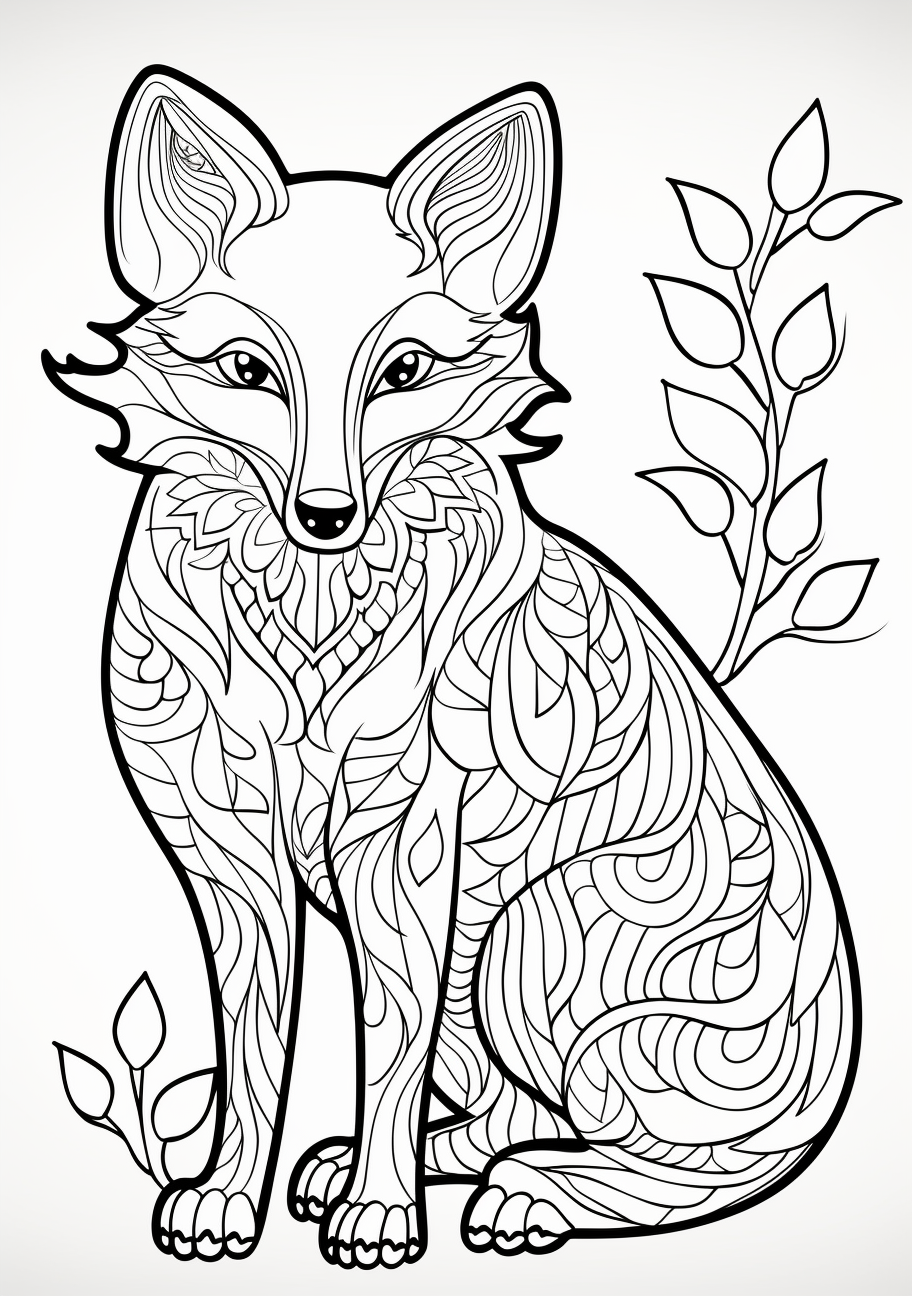 Detailed fox image adorned with floral features; expressive lines with a mix of geometric and organic patterns.printable coloring page, black and white, free download