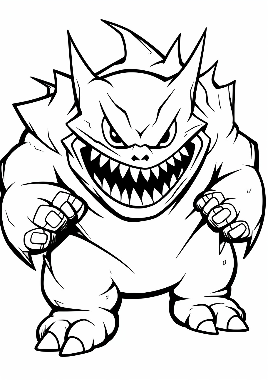 Scary portrayal of Mega Gengar, highlighting its unnerving spikes and demonic stare. printable coloring page, black and white, free download