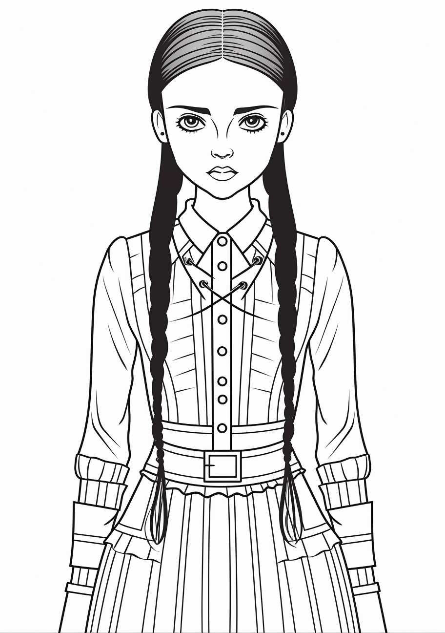 Wednesday Addams in a sitting pose; simple lines and detailed expression. printable coloring page, black and white, free download