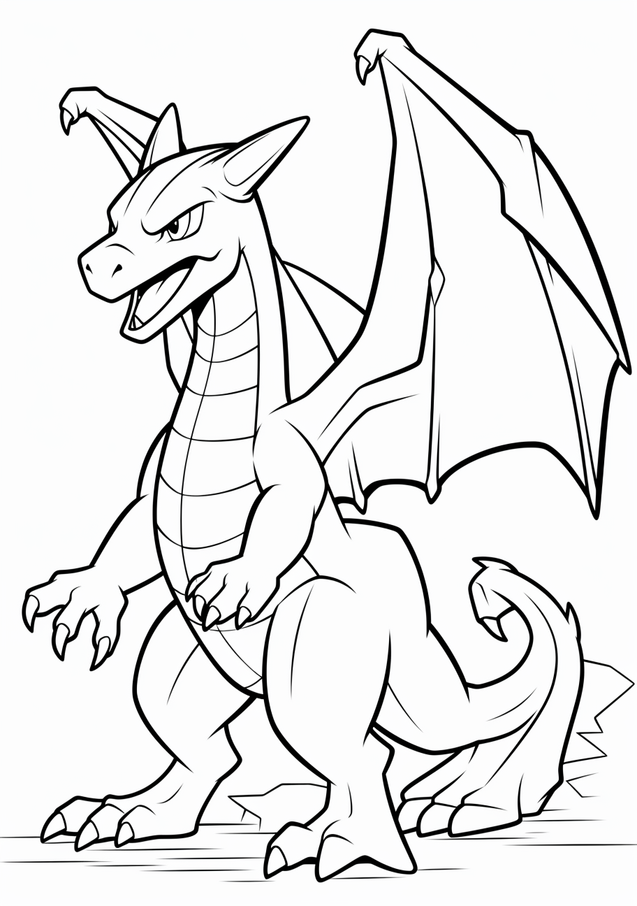 Charizard with dynamic poses; bold outlines and angular shapes. printable coloring page, black and white, free download