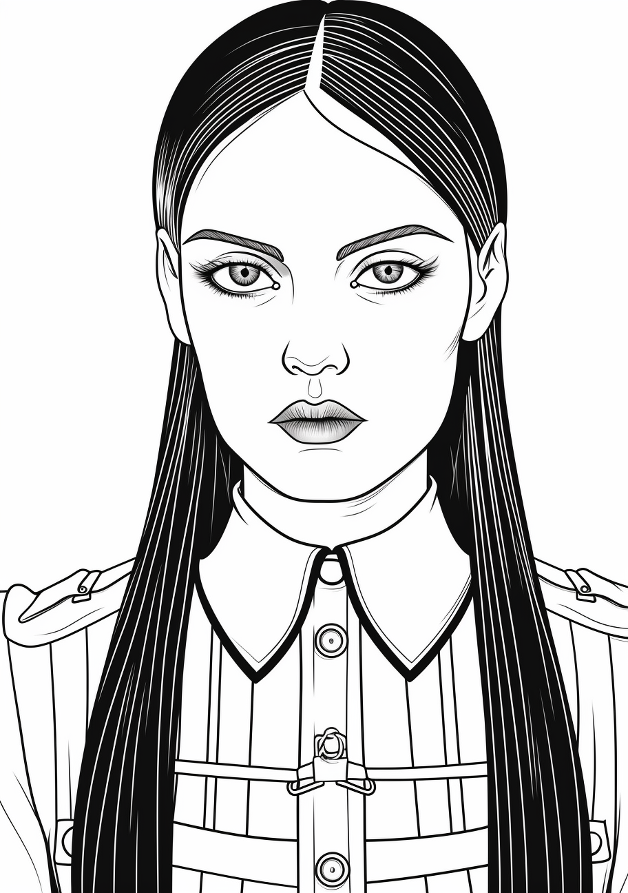 Head portrait of Wednesday Addams; clean outlines with simple shapes. printable coloring page, black and white, free download