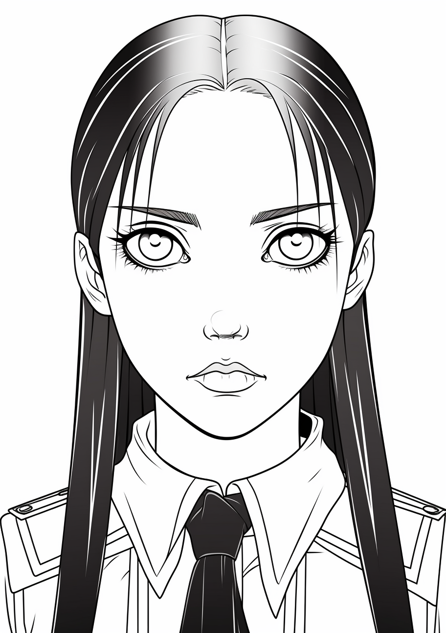 Anime interpretation of Wednesday Addams; her braids and dress are still apparent. printable coloring page, black and white, free download